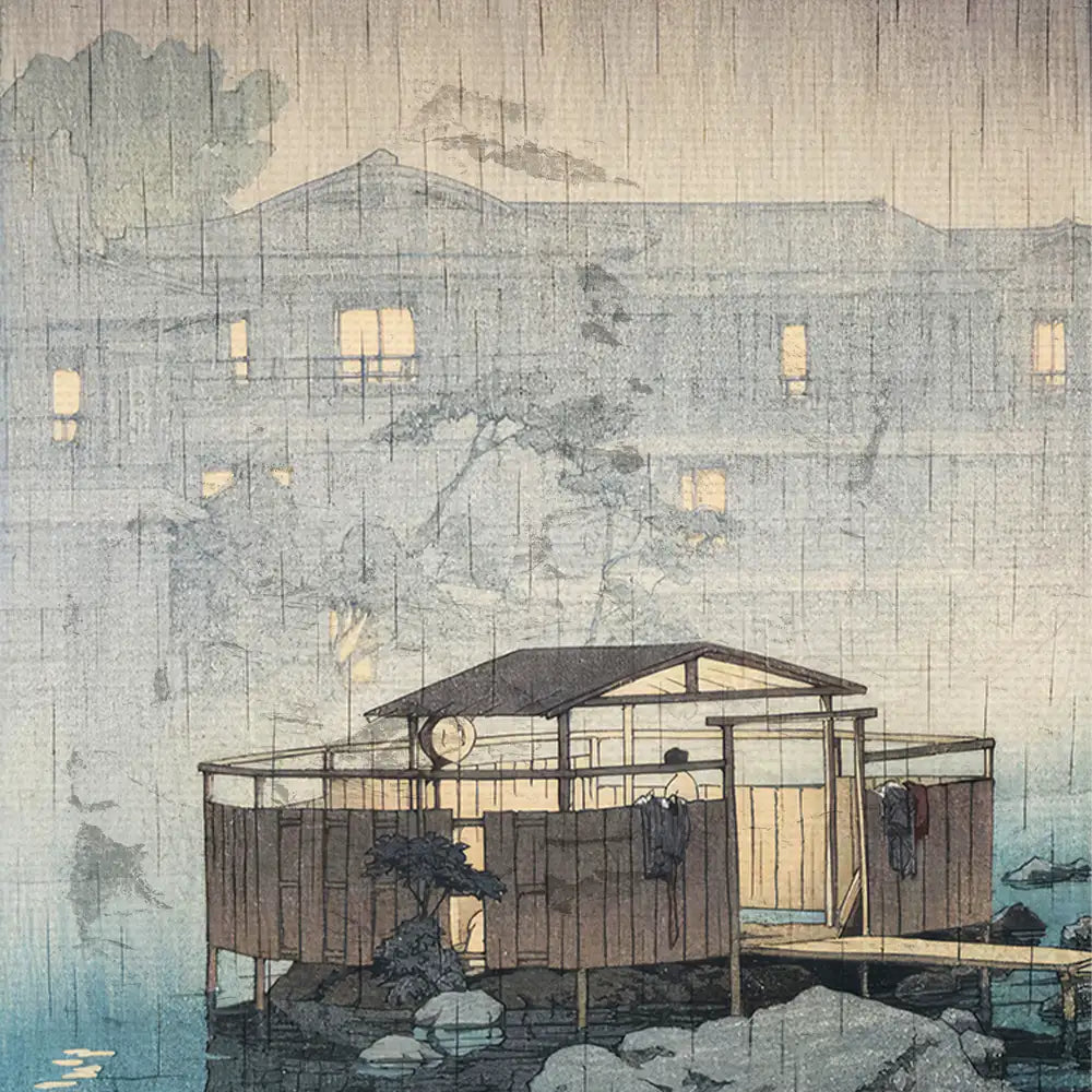A serene landscape painting depicting a wooden structure by a tranquil body of water, surrounded by soft rain and muted colors.