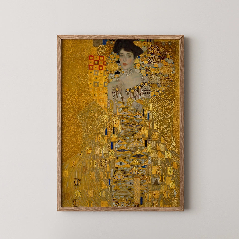 Framed painting of a woman in a patterned gold dress against a golden background, featuring intricate designs and decorative elements.