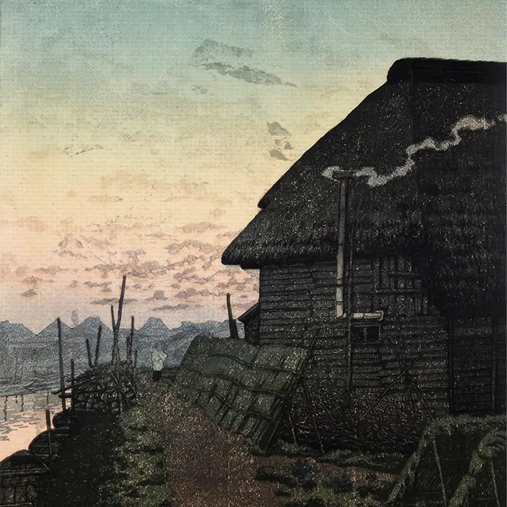 A rustic thatched house by a river at sunset, with mountains in the background and a serene sky.