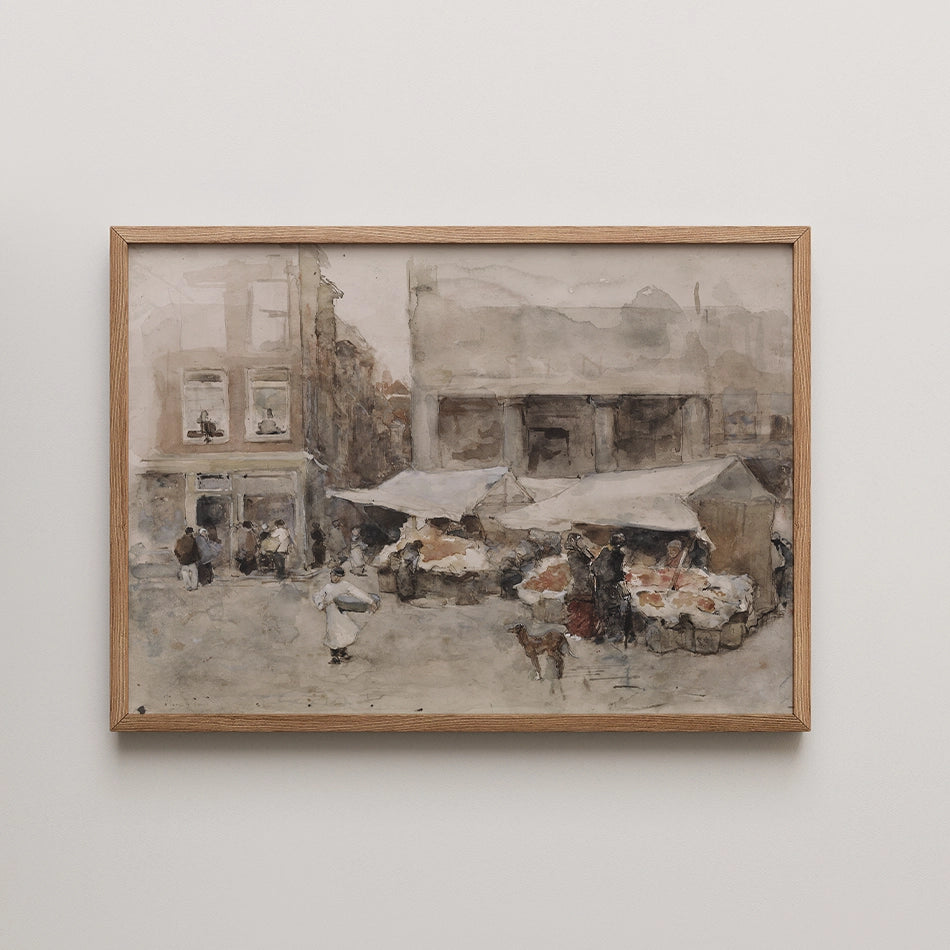 Watercolor painting of a bustling market scene with people and market stalls, framed in a wooden frame.