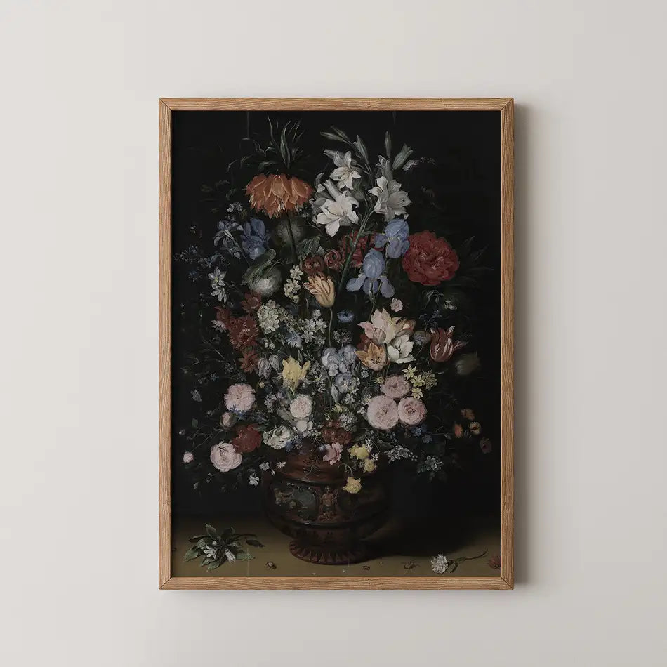 Flower vase painting in a wooden frame against a dark background.