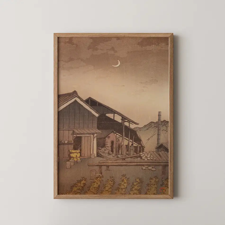 Vintage-inspired painting of a rural landscape featuring a wooden house, mountains in the background, and a crescent moon in the sky, framed in natural wood.