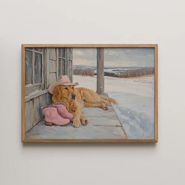 Golden retriever wearing a cowboy hat and pink boots lounging on a rustic porch, surrounded by a serene winter landscape, enchanting animal art print for home décor.