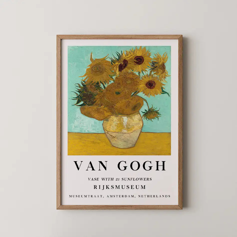 Framed poster of Van Gogh's "Vase with 21 Sunflowers," featuring vibrant sunflowers in a vase against a teal background, with text identifying the artwork and museum.