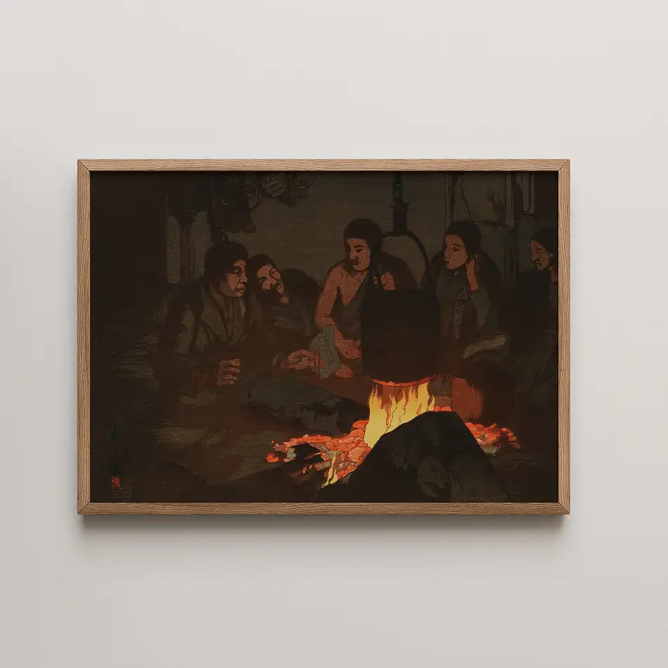 Painting of a group of people gathered around a fire, displayed in a wooden frame.