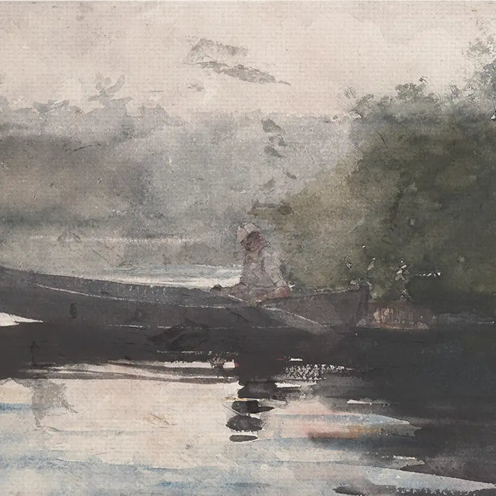 Watercolor painting of a person in a canoe on a calm river with soft reflections and a misty landscape in the background.