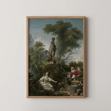 Framed painting depicting a classical scene with a statue, lush greenery, and figures in historical attire engaging with each other.