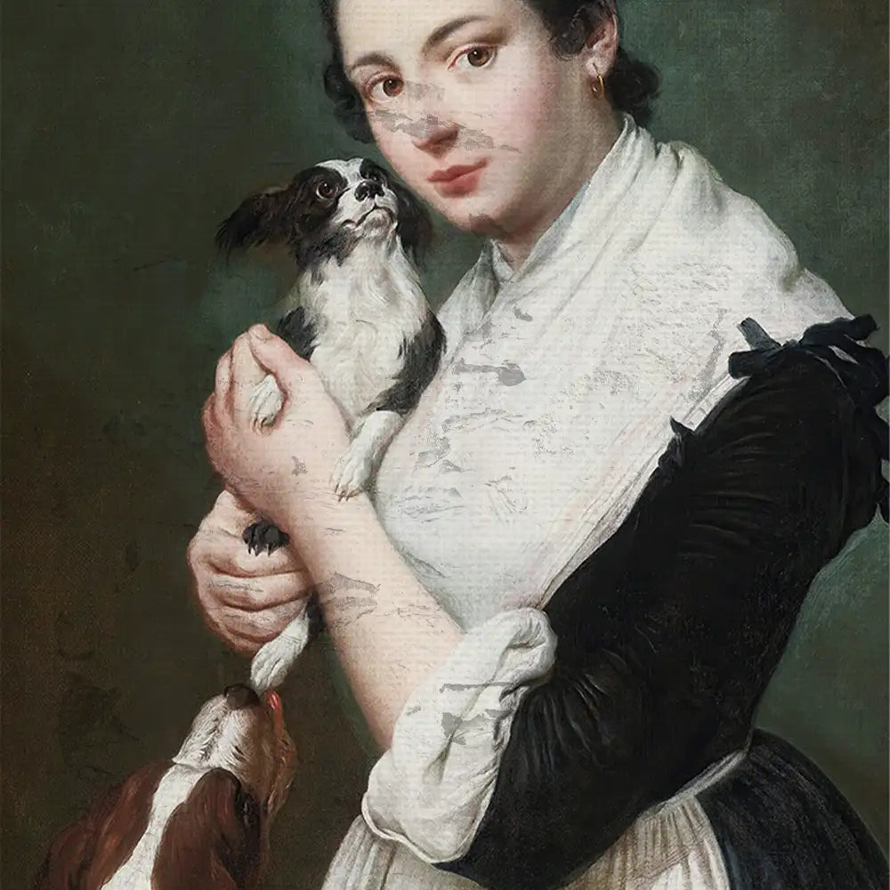 Portrait of a woman in a black dress with intricate sleeve details, holding a small dog, with another dog at her feet, against a muted green background.