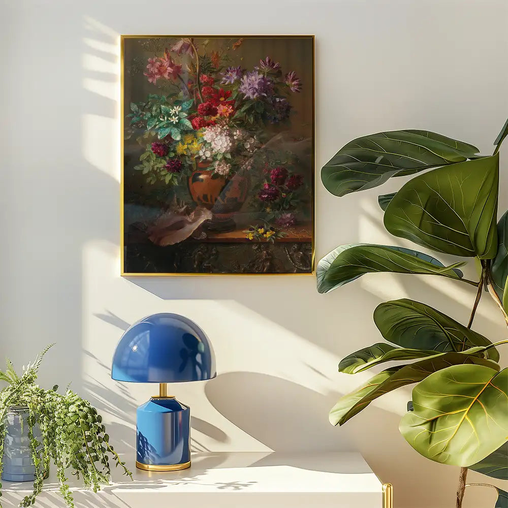 Floral painting in a gold frame displayed on a wall next to a blue lamp and green plants.