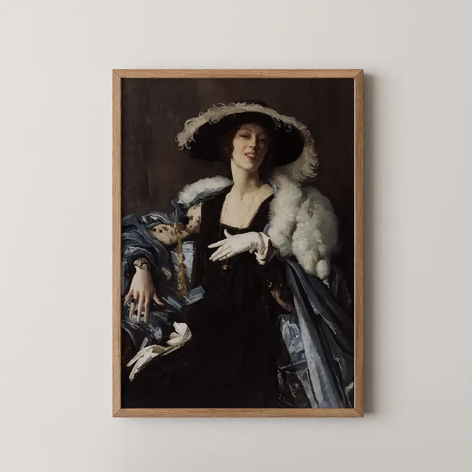 Portrait of a woman in an elegant hat and white gloves, wearing a dark dress with a fur stole, framed in wood on a neutral wall.