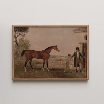 A framed painting of a horse with a man and a boy in a rural setting, featuring a pastel sky and distant houses.
