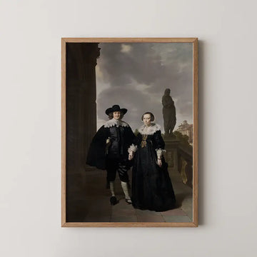 Framed portrait painting of a couple in historical attire with a dramatic sky background.