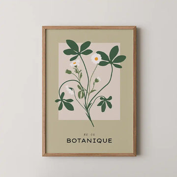 Elegant floral art print of Hellebore from the Botanical Collection featuring lush green leaves and charming white flowers against a soft beige background, with modern typography stating 'BOTANIQUE'.