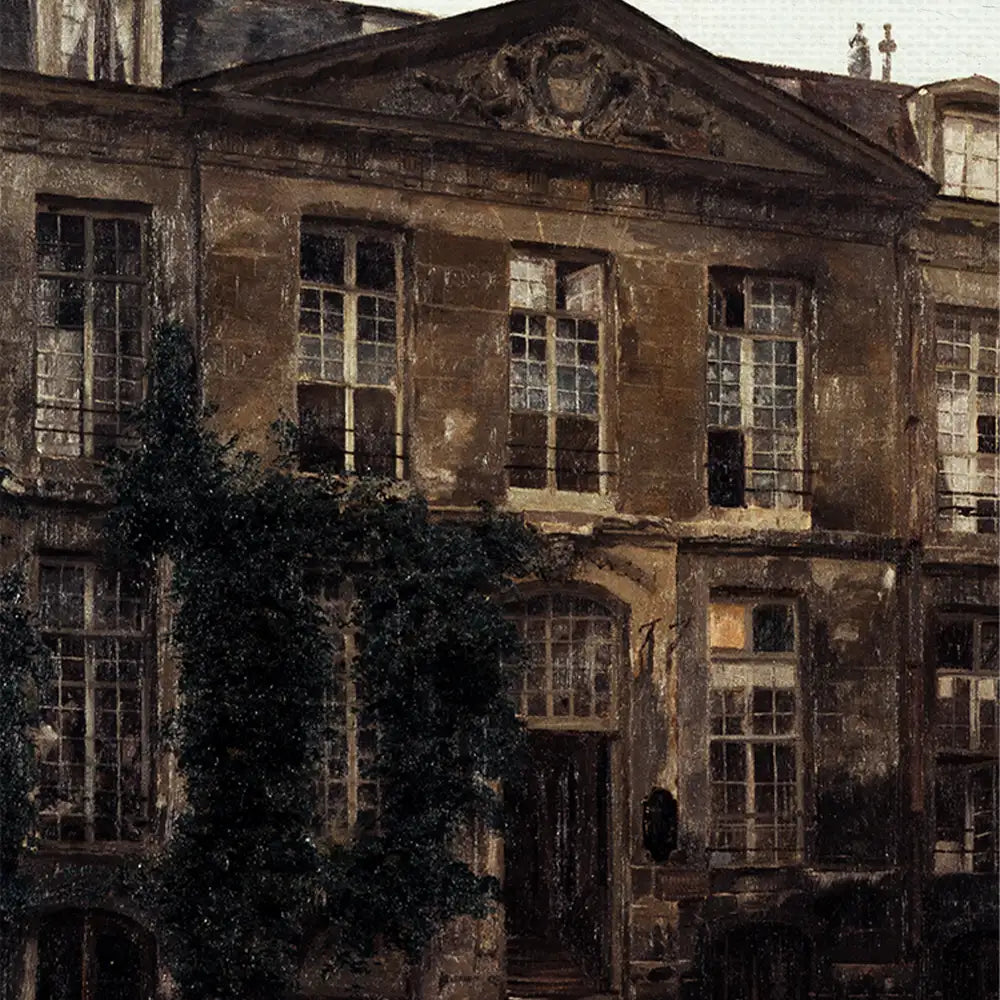 Painting of an old stone building covered in ivy, featuring large windows and intricate architectural details.