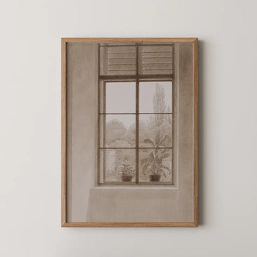 Artistic painting of a window with plants on the sill, framed in natural wood.