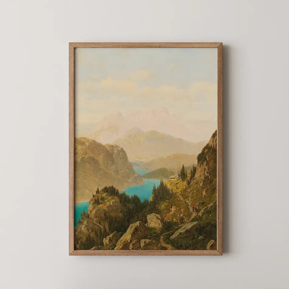 Framed painting of a serene mountain landscape featuring a turquoise lake, surrounded by rocky hills and lush trees.