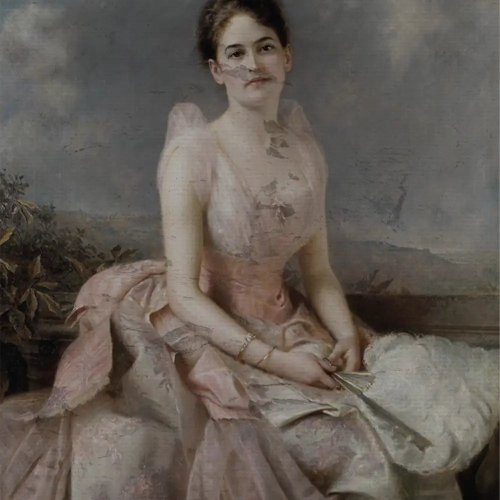 Portrait of a young woman in a pink dress sitting with a fan in her hands, surrounded by a soft, serene background.