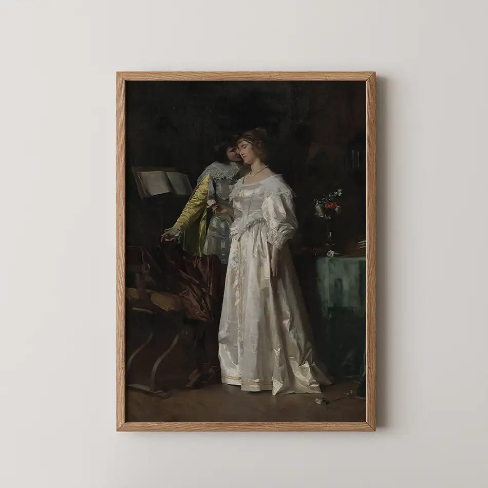 Painting of two elegantly dressed figures, one in a white gown and the other in a green and yellow outfit, set in an intimate indoor scene, framed in a wooden frame.
