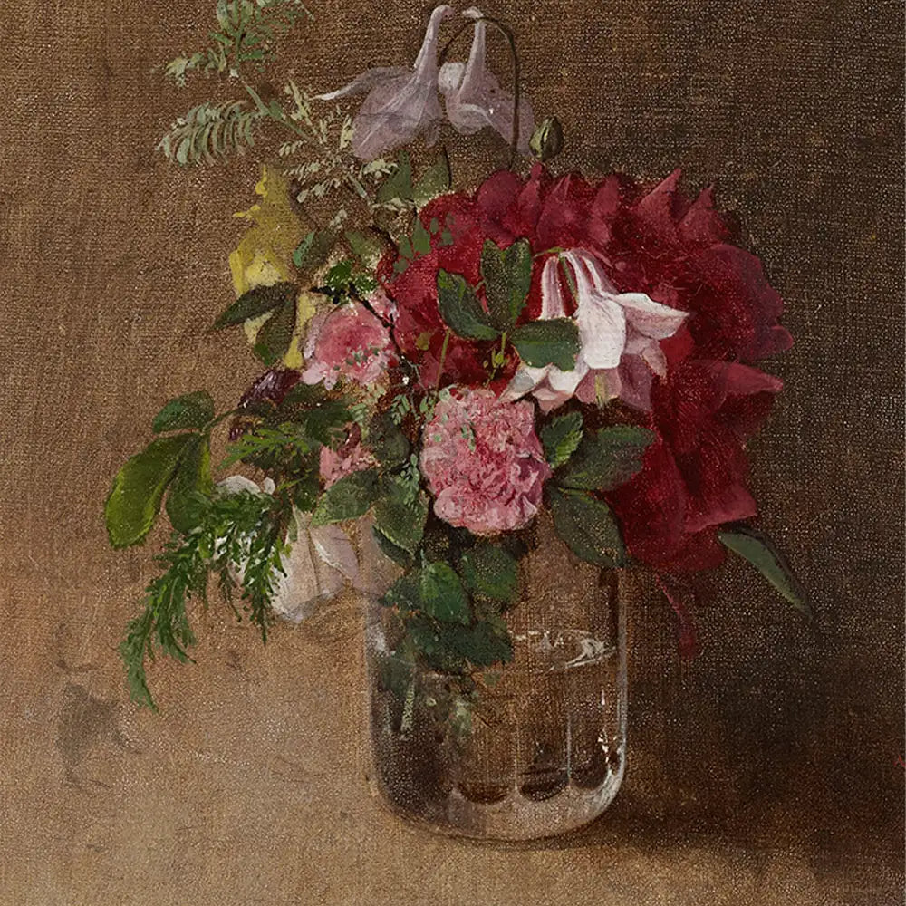 Still life painting of a vibrant bouquet of pink and red flowers in a glass vase on a textured brown background.