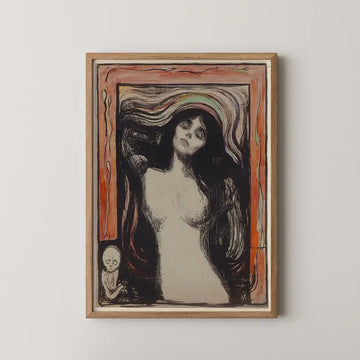 Artistic painting featuring a woman with flowing hair and an abstract background, framed in wood.