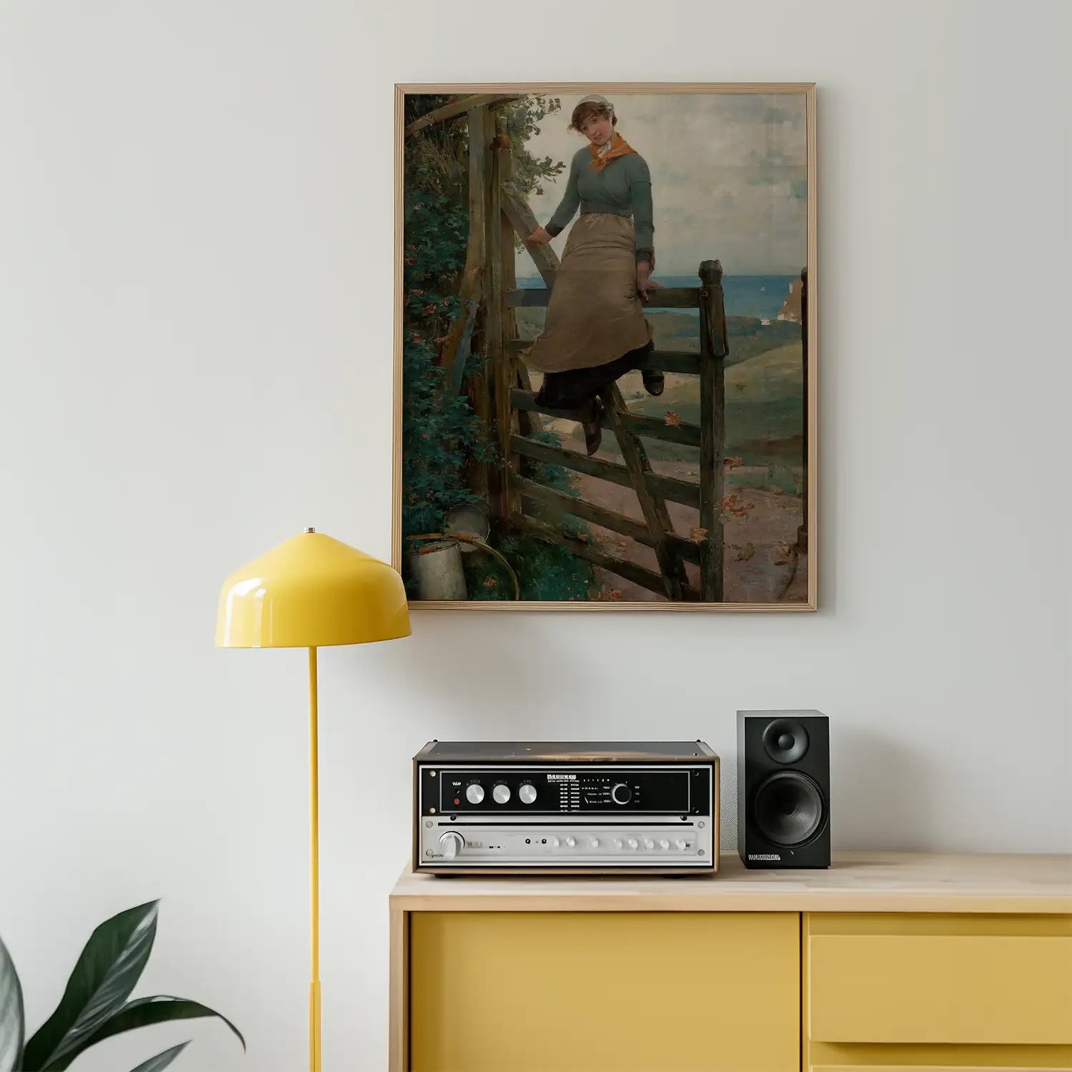 Painting of a woman stepping over a wooden fence, framed and displayed on a wall, with a yellow lamp and stereo system in a modern interior setting.