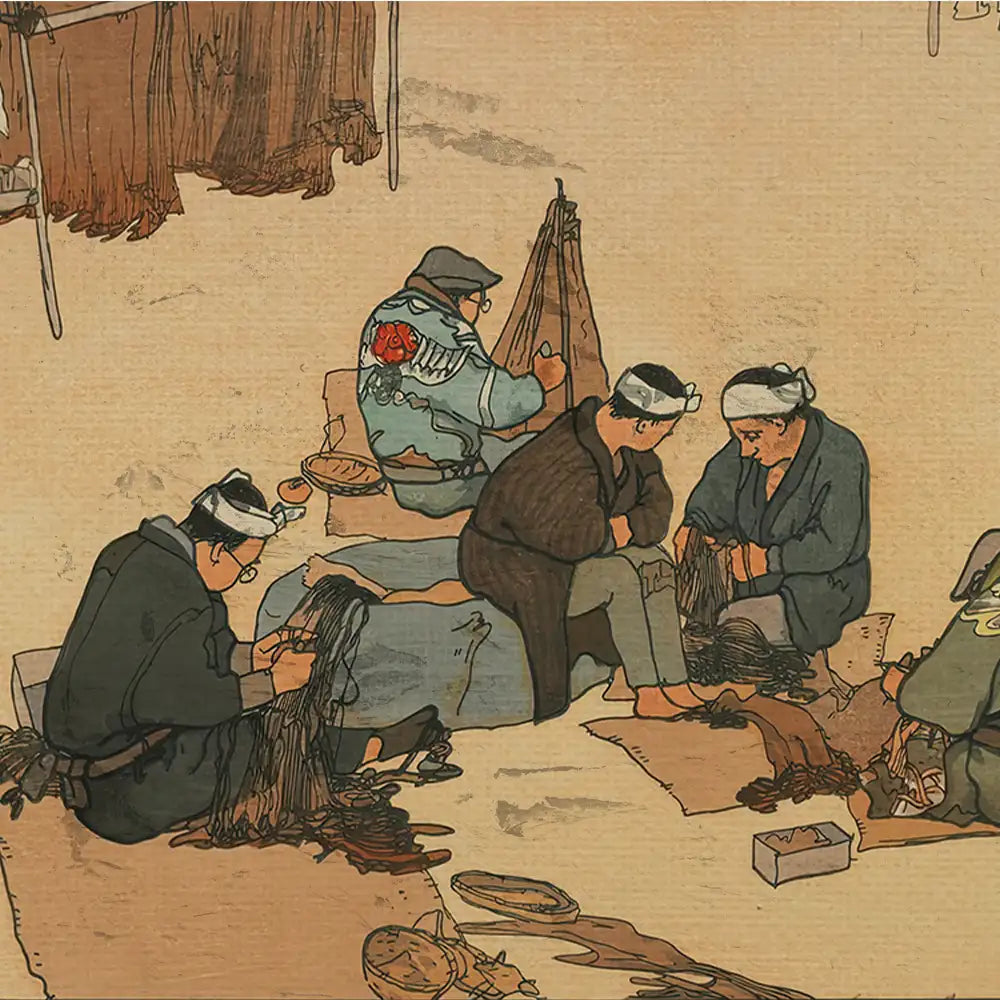 Painting of craftsmenWorking on a textile project, showcasing traditional techniques in a warm, earthy color palette.