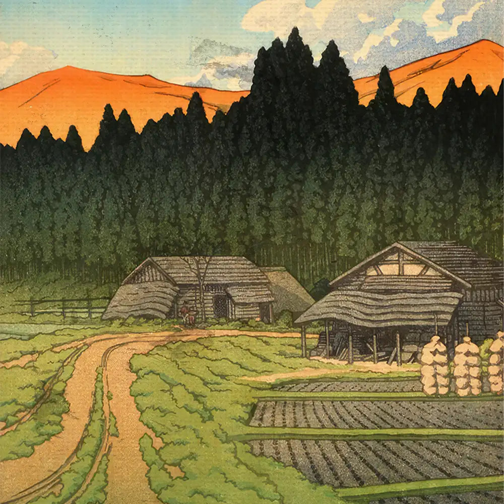 A serene landscape depicting traditional wooden houses nestled among tall pine trees, with a dirt path leading through vibrant green fields and distant mountains under a blue sky.