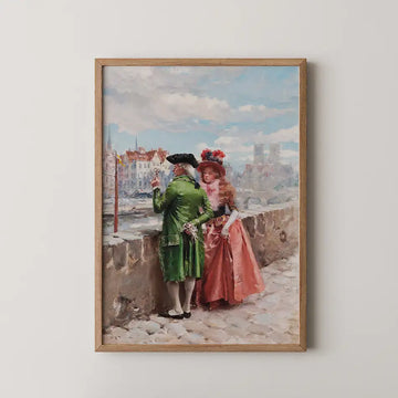 Painting of a couple wearing historical attire, standing by a stone wall overlooking a scenic view, framed in wood.