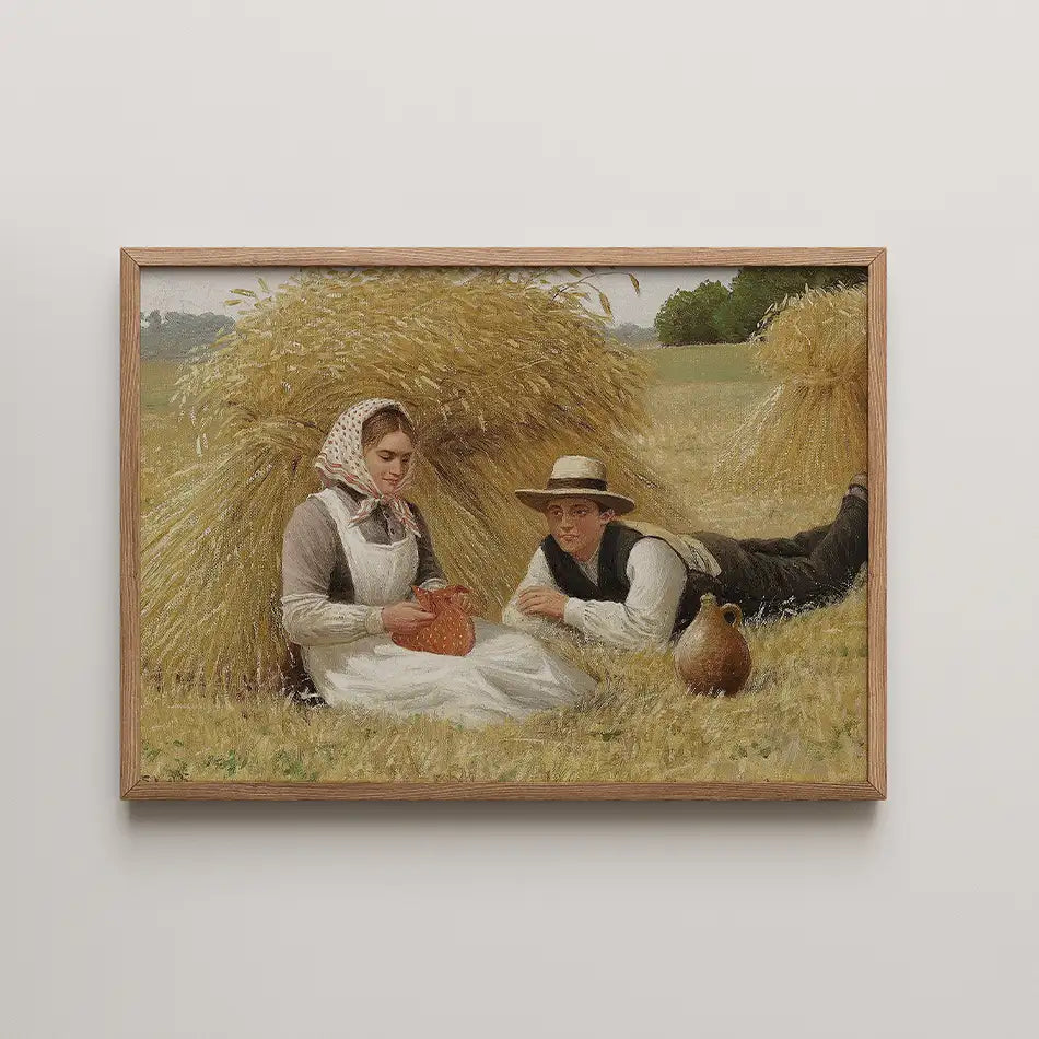 A vintage painting of a man and woman sitting in a field beside haystacks, with the woman holding a pot and the man leaning on his elbow, featuring a serene rural landscape.