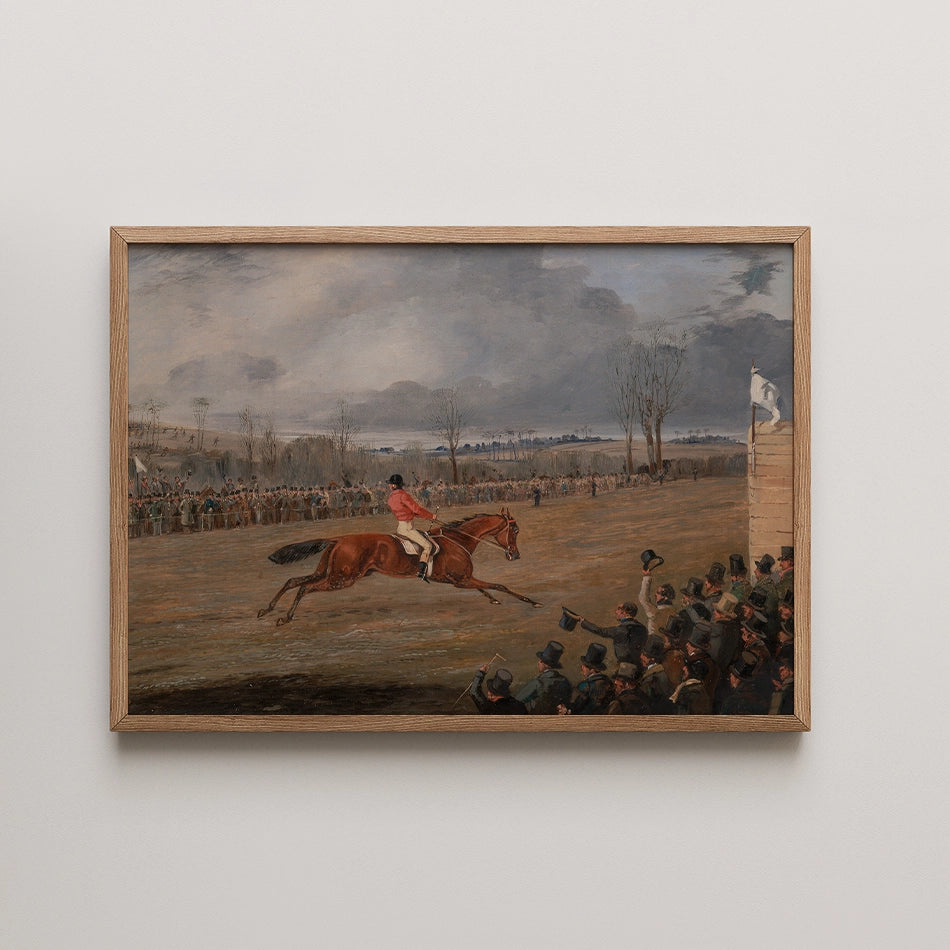 Horse jumping over a fence with a crowd of spectators in the background, framed painting.