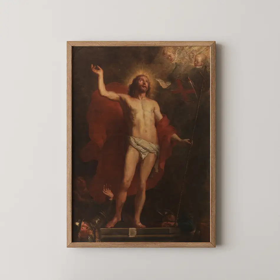 Painting of a risen Christ with outstretched arms, draped in a red robe, set within a decorative frame.