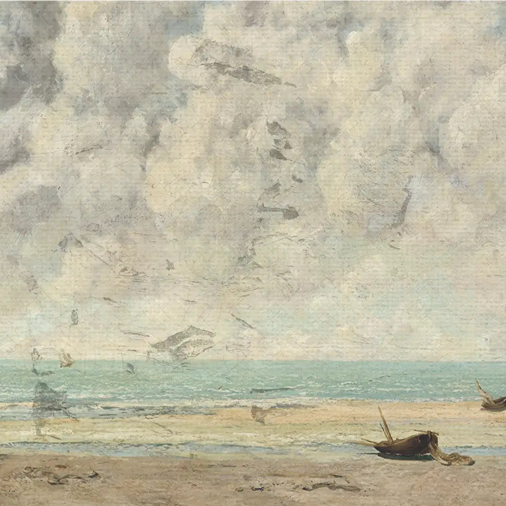 Seascape painting featuring cloudy skies, gentle waves, and a sandy beach with small boats ashore.