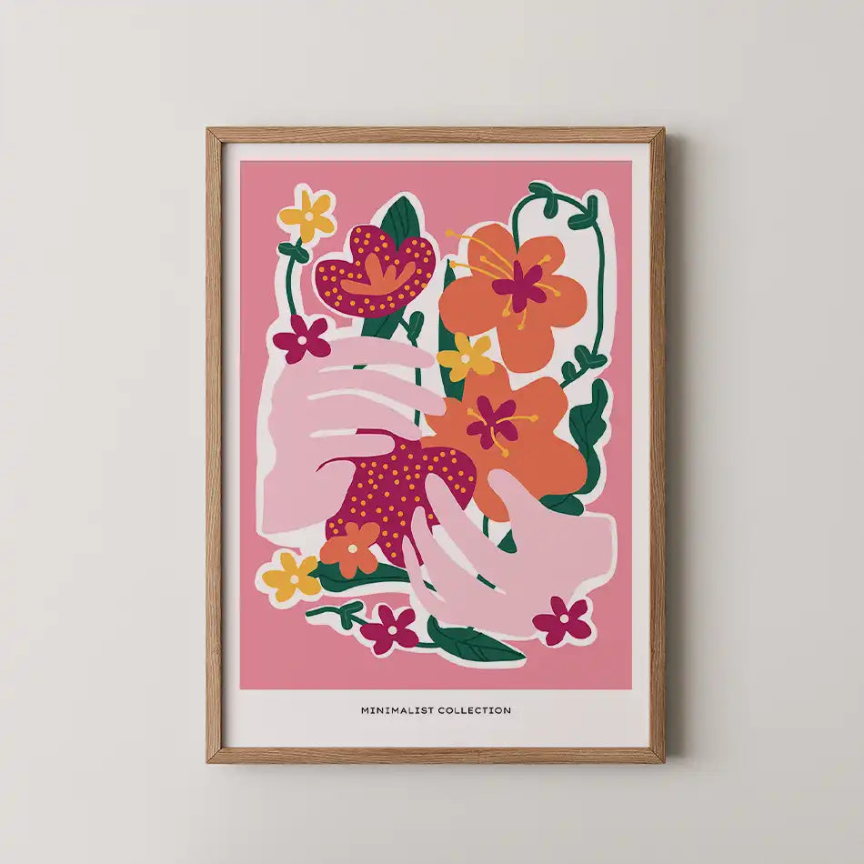 Floral Embrace art print featuring hands cradling an orange and pink flower bouquet against a soft pink background in a modern minimalist design.