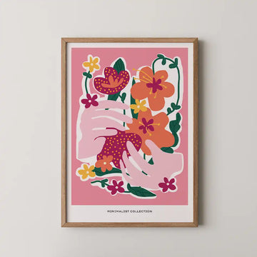 Floral Embrace art print featuring hands cradling an orange and pink flower bouquet against a soft pink background in a modern minimalist design.