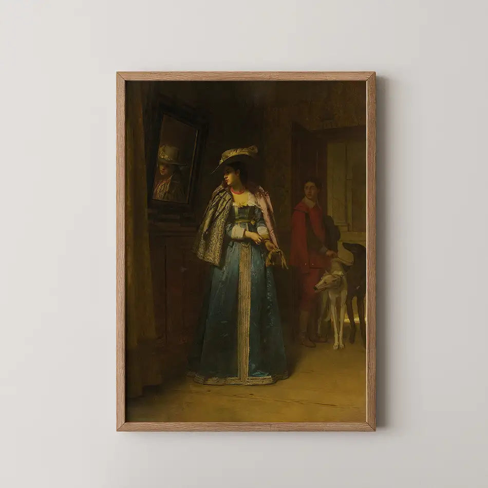 Painting of a woman in a blue dress and a hat standing in a dimly lit room, looking at a mirror, with a man in a red cloak and a dog in the background.