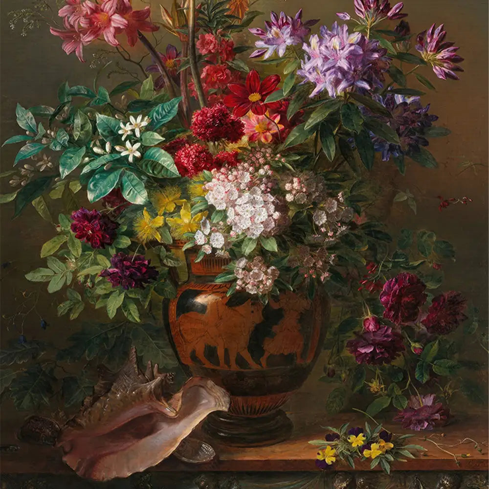 Still life painting featuring a richly decorated vase filled with assorted colorful flowers, including red, purple, and yellow blooms, set against a muted background with a seashell at the base.