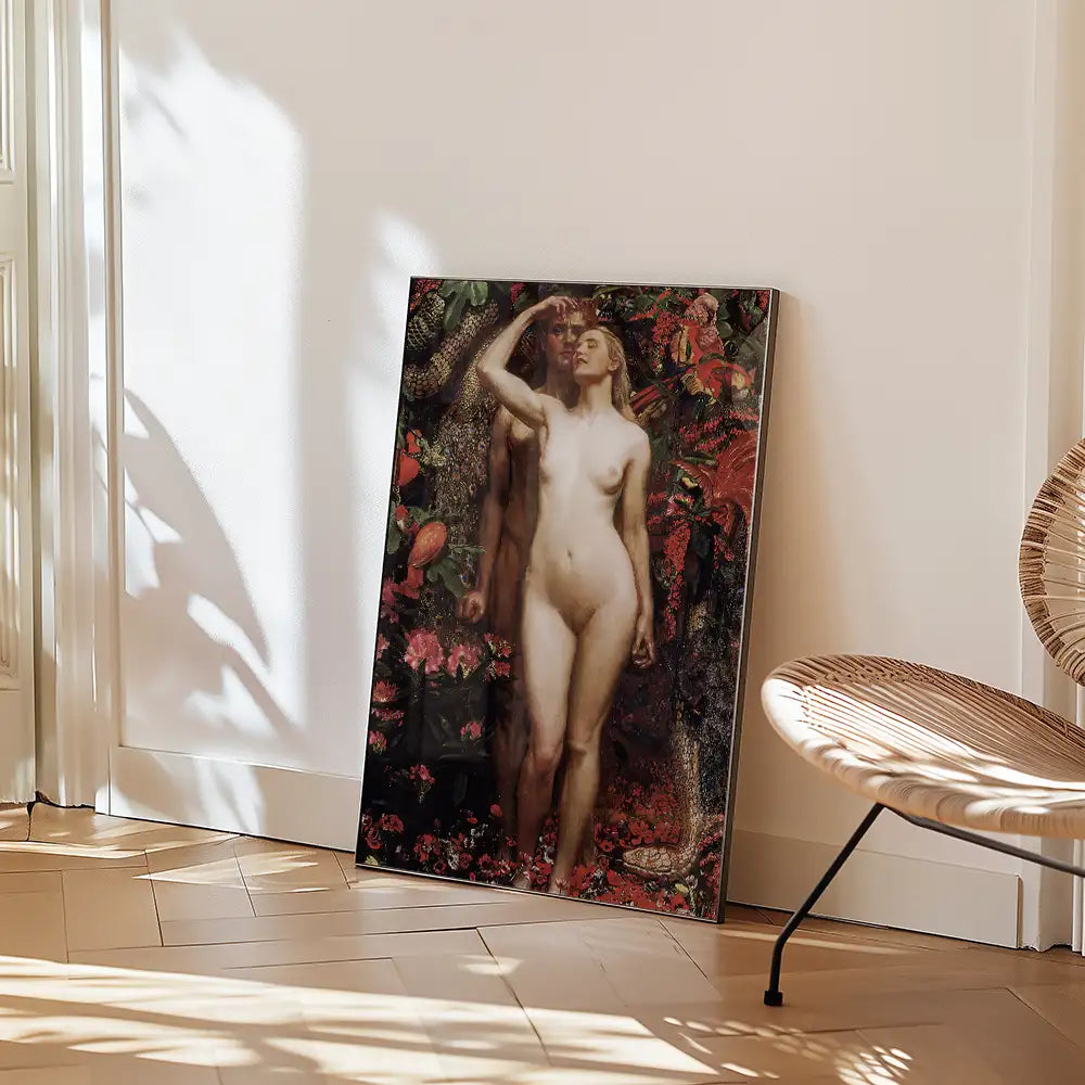 Painting featuring a nude woman and a man in a lush floral setting, leaning against a wall with a rattan chair nearby.