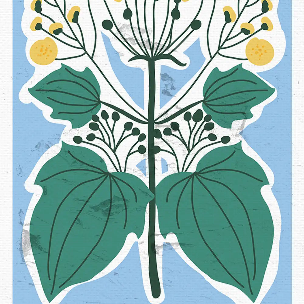 Modern botanical poster featuring a stylized flower and green leaves against a blue background, perfect for home decor.