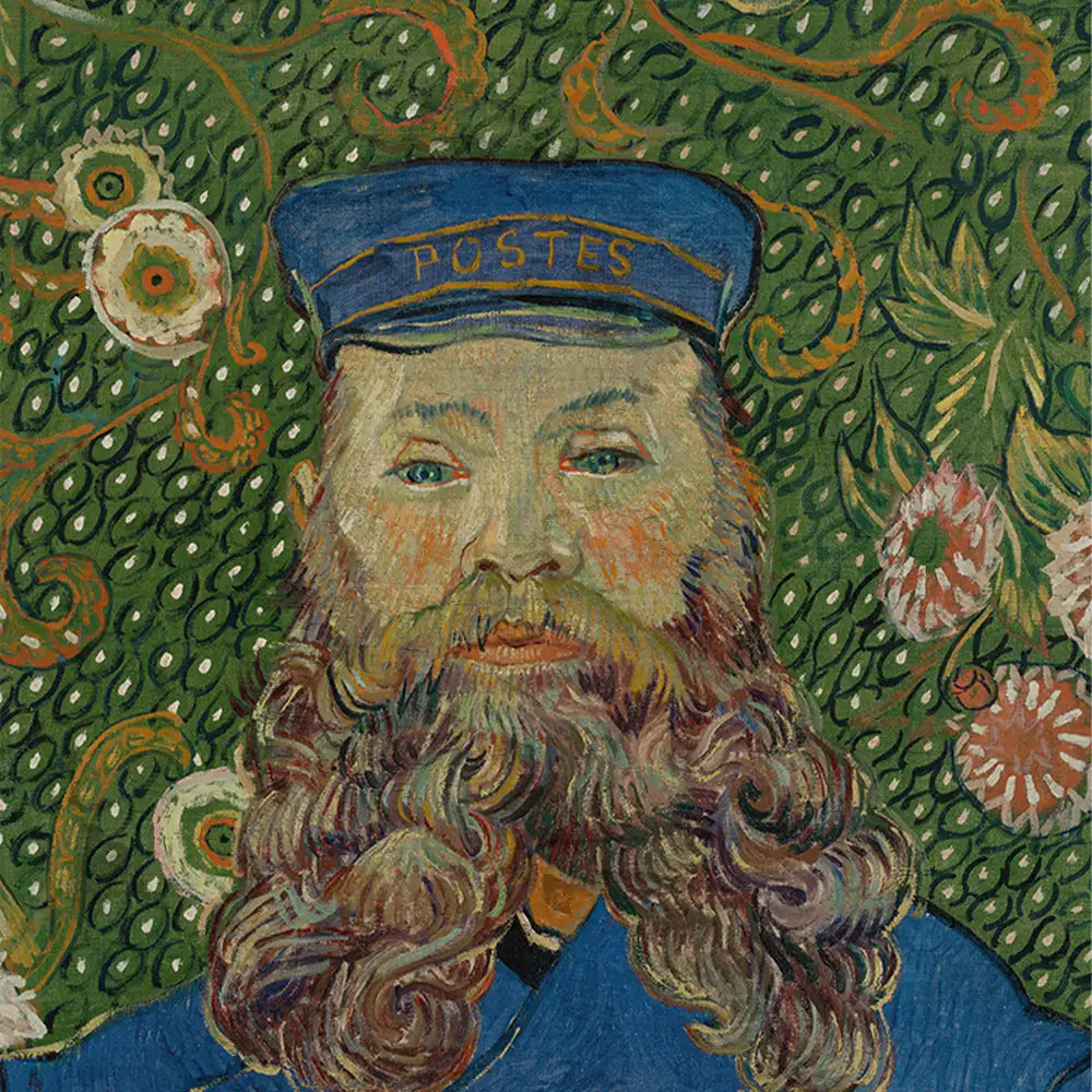Portrait of a man with a beard in blue attire and a cap labeled "POSTES," set against a vibrant green floral background.