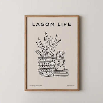 Chic minimalist art print of a cozy shelf featuring a stylish potted plant and a whimsical ceramic face, black line design on a soft neutral background from the Line Art Collection, perfect for modern home decor"