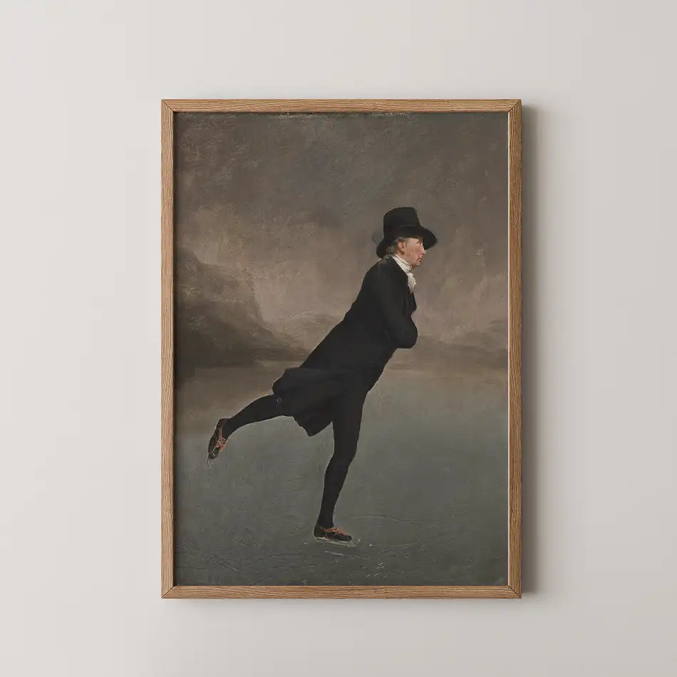 Painting of a man ice skating in a black coat and top hat, framed in a wooden frame.