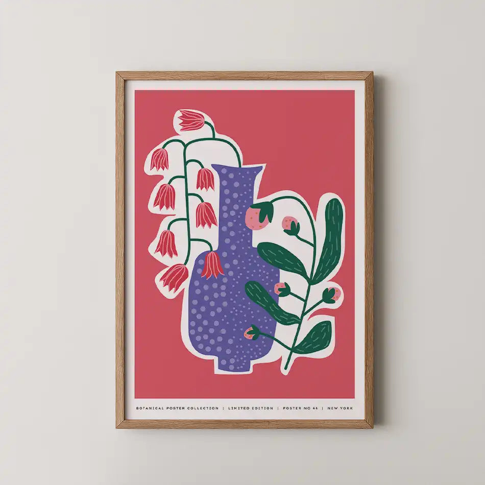 Modern art print 'Vase with Bellflowers' featuring a purple vase with bellflowers in red and green leaves on a coral pink background, perfect for home decor and contemporary design enthusiasts."