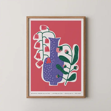 Modern art print 'Vase with Bellflowers' featuring a purple vase with bellflowers in red and green leaves on a coral pink background, perfect for home decor and contemporary design enthusiasts."