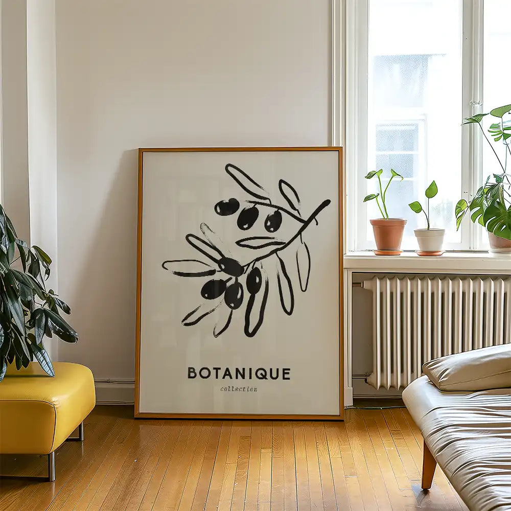 Modern poster featuring a minimalist black and white olive branch design with "BOTANIQUE collection" text, perfect for stylish home decor.