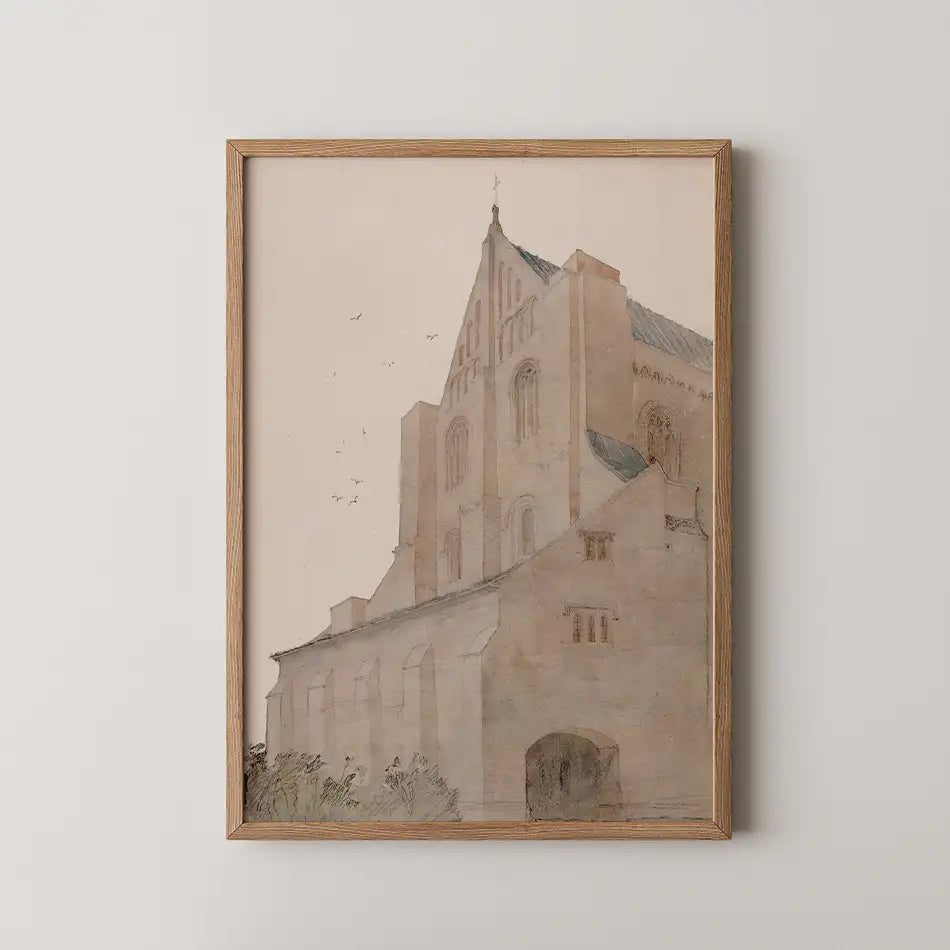 Watercolor painting of a historic building with a tall steeple and brown wooden frame, featuring soft earthy tones and a minimalist design.