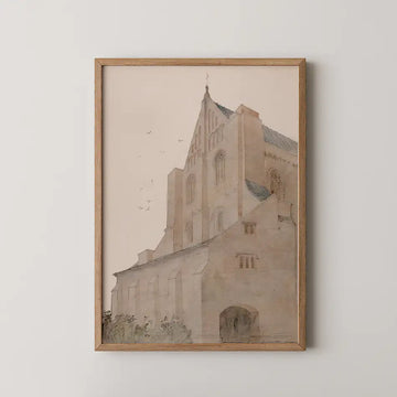 Watercolor painting of a historic building with a tall steeple and brown wooden frame, featuring soft earthy tones and a minimalist design.