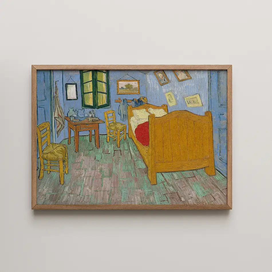 Painting of a cozy bedroom featuring a yellow bed with red bedding, wooden chairs, a table, and blue walls.