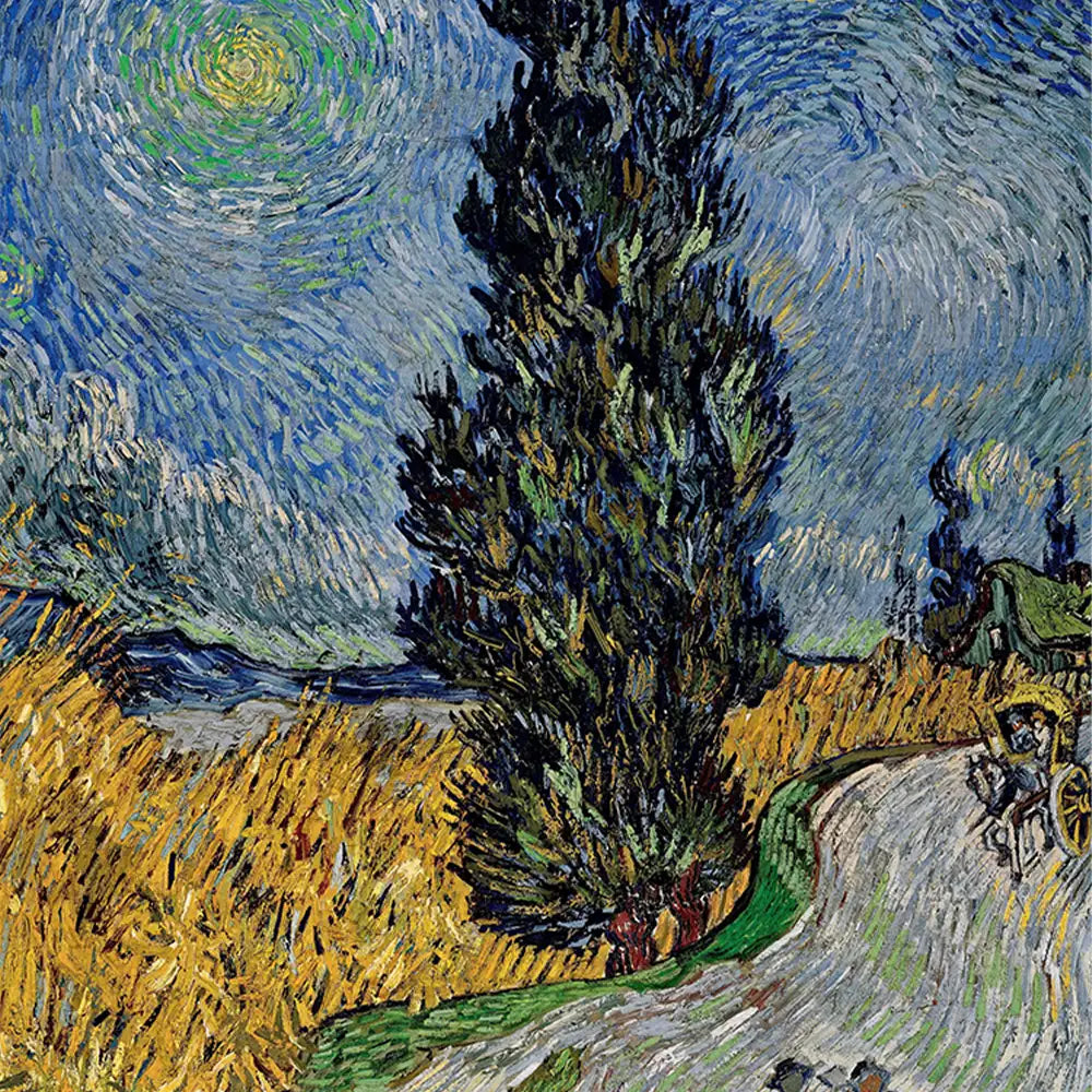 Vibrant landscape painting featuring a cypress tree against a swirling blue sky, with golden fields and a winding road.