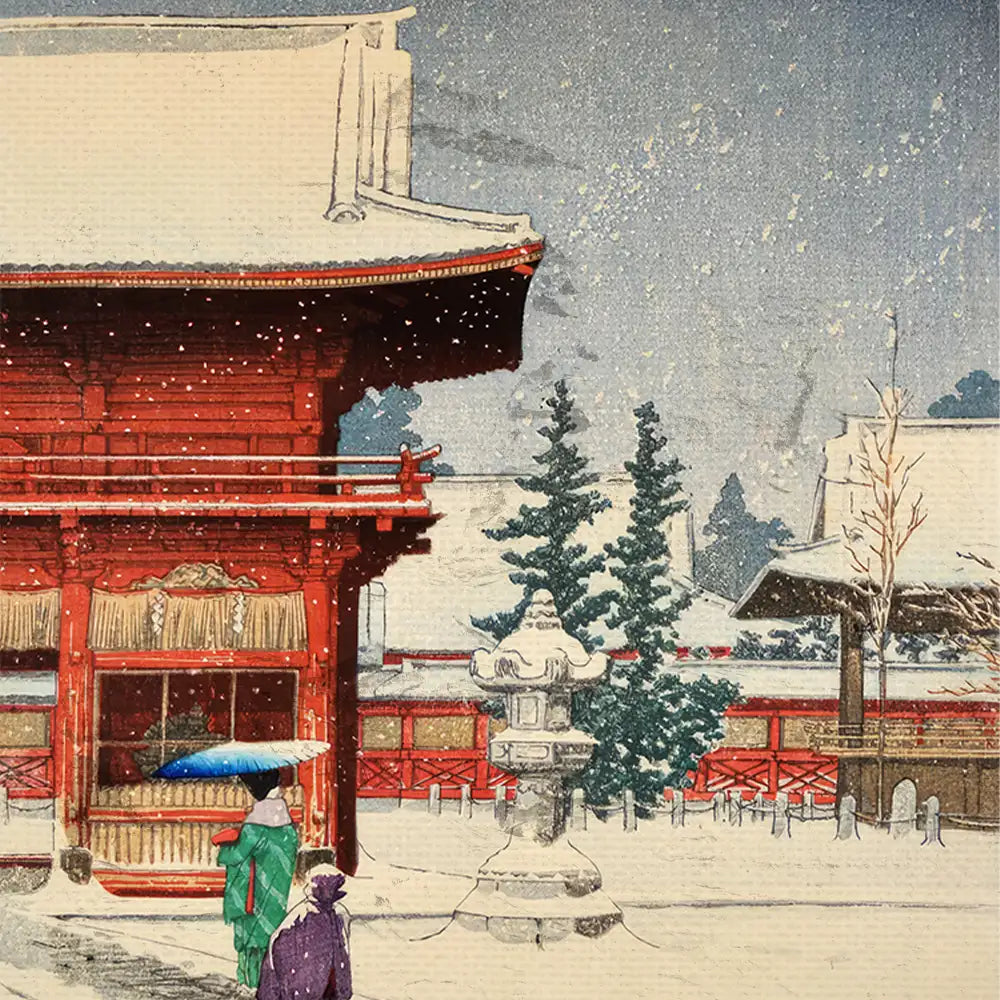 Winter scene featuring a traditional Japanese building with snowy rooftops and figures walking with umbrellas in a tranquil setting.