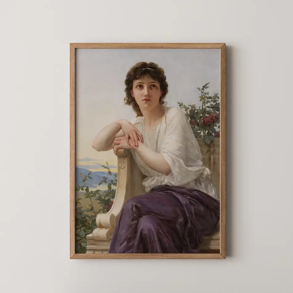 Framed painting of a young woman in a flowing white blouse and purple skirt, seated on a stone bench with greenery and a landscape backdrop.